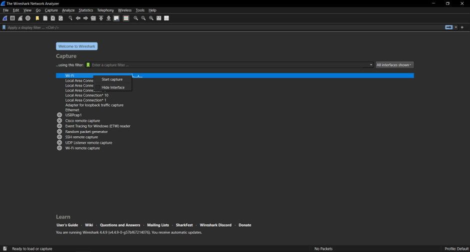 Figure 1: Wireshark Tool interface